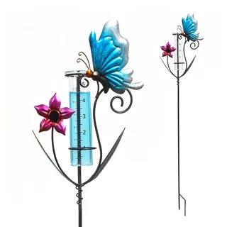 Regenmesser für Garten, Gartendekoration Regenmesser Glasregenwasserzähler, Gartenstecker Elf Stehende Gartendekoration 110cm mit Metallstange, Niederschlagsmesser für Rasen, Terrasse (Butterfly)