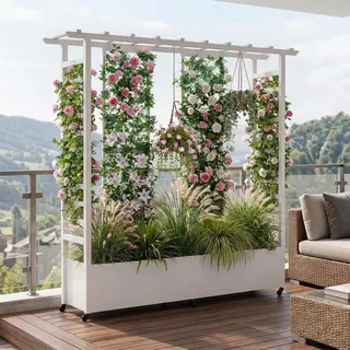 Hochbeet mit Rankgitter und Hängedach, freistehender Metall-Pflanzkasten mit Rollen, mobiler Pflanzkasten für drinnen und draußen für Kletterpflanzen, Blumen, für Garten, Terrasse und Hof