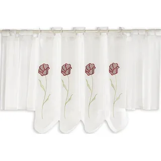 EXPERIENCE Scheibengardine Scheibengardine Küchengardine Bistrogardine 2218 45x140 cm Rose Weiß, Schlaufen (1 St), halbtransparent, Voile, Stickerei Rose grün|rot