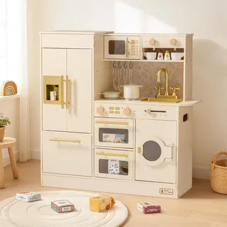 ROBUD Kinderküche aus Holz mit 17 Zubehörteilen, Mikrowelle & Backofen