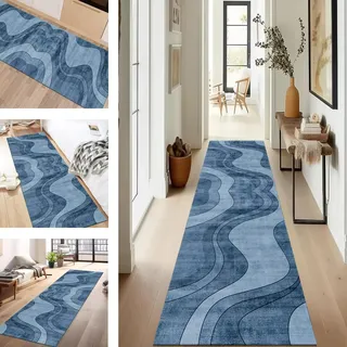 SUCERU Teppich Läufer Flur Diele Küche rutschfest Waschbar Dauerhaft 60X300CM Blau Abstrakt Modern Teppichläufer für Wohnzimmer Korridor Schlafzimmer Büro Esszimmer Flurläufer Anpassbar Meterware