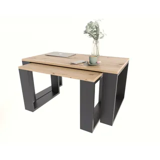 2er Set Couchtisch Westa Sonoma Eiche Artisan Schwarz Modern Rund Beistelltisch