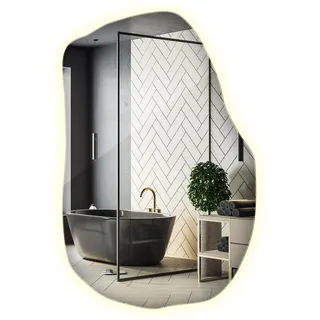 Wallfluent Glas Spiegel LED Weiß Neutral 90x58,5 cm Wellige Form Einzigartig Glatte Kanten Ohne Rahmen Ästhetik Diffuses Licht Industrial-Stil Wandspiegel Beleuchtet Neutrales Licht