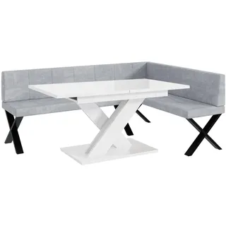 MEBLINI Eckbank für Esszimmer mit ausziehbarem Tisch - Küchenbank - Essecke - Sitzecke Küche - Peter - X-Beine 142x196x87cm Rechts - Hellgrau Samt/B Weiß Hochgl.
