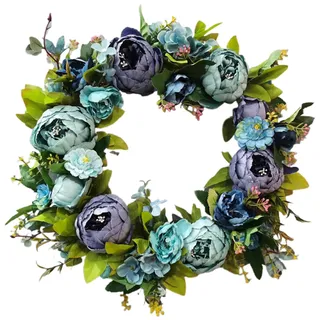 Generisch Frühlings-Türkranz Frühlingskränze für die Haustür 40,6 cm Pfingstrosen-Kranz künstlicher Blumenkranz dekorative Blumenkranz-Girlande für Hochzeit Geburtstag Wohnzimmer-Dekoration Blau