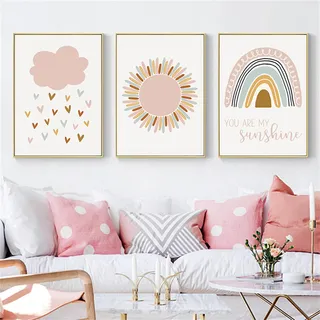 Ueiwffzo 3er Poster Set Wandbilder Kinderzimmer, Regenbogen Wolken Sonne Wand Bilder ohne Rahmen, Niedliche Wanddeko für Flur Wohnzimmer Kinderzimmer (40 x 50 cm,A)