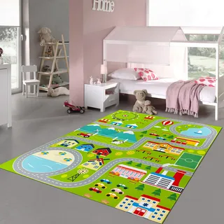 Teppich-Traum Teppich Kinderteppich Stadt-Motiv mit Straßen weiche Oberfläche pflegeleicht schadstofffrei langlebig Kindergarten Babyzimmer leicht zu reinigen Grün 120 x 160 cm