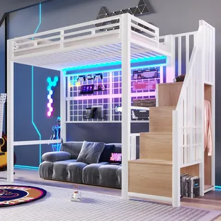 Merax Hochbett 90x200 cm Metallbett mit Treppenregal & Schrank, Platzsparendes Jugendbett mit LED-Beleuchtung, Gitterwand und offener Raum, Multifunktionales Bettgestell (ohne Matratze), Weiß