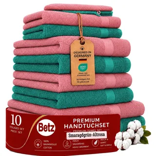 Betz 10-TLG. Handtuch-Set Premium 100% Baumwolle 2 Duschtücher 4 Handtücher 2 Gästetücher 2 Waschhandschuhe Farbe Altrosa & Smaragd