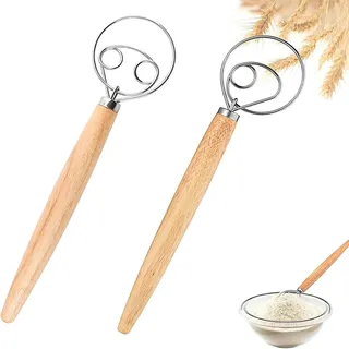 Dänischer Teigmischer,2 Stück Dänischer Schneebesen mit Holzgriff 13 Zoll | Brot Teigmischer Brotteigmischer mit Doppellöchern zum Backen für Brot, Batter, Kuchen, Gebäck