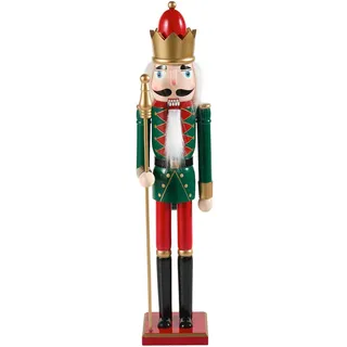 X-Mas Nussknackerfigur, Grün, Rot, Schwarz, Weiß, Gold, Holz, Textil, Holzwerkstoff, Metall, Kiefer, massiv, Uni, König, 50.5 cm, zum Stellen, handgemacht, handgemalt, Dekoration, Weihnachtsdekoration, Winterdeko