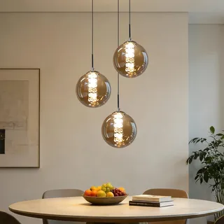 CBJKTX Pendelleuchte esstisch 3Flammig Glas Hängelampe Höhenverstellbar | 150cm Hängeleuchte in Farbe Bernstein Glaskugel Moderne Pendellampe Küchen Wohnzimmerlampe Schlafzimmerlampe Flurlampe