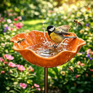 Handgefertigte Vogeltränke aus Metall in Blumenform – Winterfester Gartenstecker als Bienen- & Insektentränke für Draußen – Elegante Gartendeko-Figur (Orange)