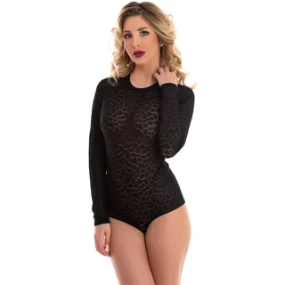 Magi Spitzen-Body | Damen Langarm Body mit Rundhals | transparenter Unterzieh-Body Größen | Damen Dessous | Florale Spitze | Verschluss-Haken | Unterzieh-Body (L, schwarz) - L