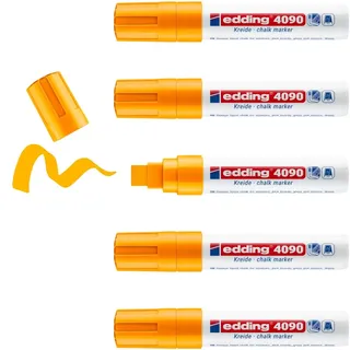 edding 4090 Kreidemarker - neon-orange - 5 Kreidestifte - Keilspitze 4-15 mm - breiter Kreidestift für Tafel abwischbar - zum Beschriften von Fenster, Glas, Spiegel - Tafelstift mit deckenden Farben