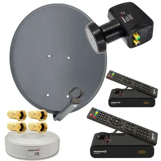 PremiumX Satelliten-Komplettanlage 2 Teilnehmer 60cm Antenne Twin LNB 25m Antennenkabel F-Stecker 2x HD TV Satelliten-Receiver