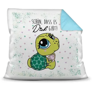 Print Royal Deko-Kissen Tiere mit liebem Spruch - Schön, DASS es Dich gibt - Schildkröte/Ich Liebe Dich/Geschenk für Freund, Freundin / 40x40 / Rückseite Himmelblau inkl. Füllung