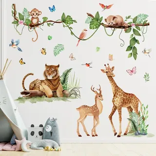 Wanddekoration Tiere Dschungel, Großes Reh, Tiger und Giraffe, Selbstklebendes PVC, für Kinder
