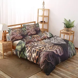 Generisch 3D Leopard Bettwäsche 200x220, Gepard Wendebettwäsche, 3tlg Weiche Microfaser Bettbezug Set, Deckenbezug und 2 Kissenbezug 80x80 mit Reißverschluss - SDF200