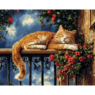AxiangziK Diy Knüpfteppich Teppich-Set „Katze Auf Dem Balkon“,Knüpfset,Tiere Und Blumen,Diy-Knüpfset Für Teppiche Für Anfänger,Unfertiger Häkelteppich,Stickteppich 55x75cm