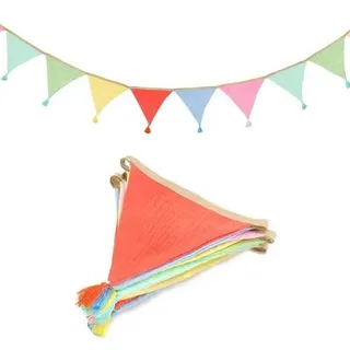 Wimpelkette Kinderzimmer Pastell-Regenbogen 2,8m mit Quasten Musselin Baumwolle