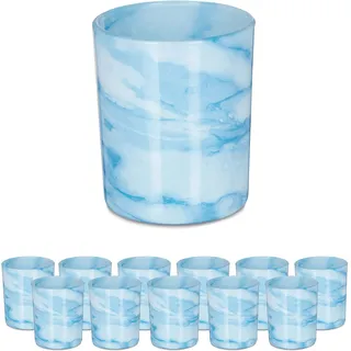 Relaxdays Teelichtgläser, 12er Set, Teelichthalter aus Glas, Schlichtes Design, H x D: 8,5 x 7 cm, Deko, blau/Creme