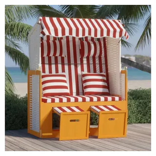 furnicato Strandkorb mit Sonnendach, 115x55x133/151/156 cm, Rot und Weiß, BxTxH: 55x55x156 cm, (1-tlg), Sitzkorb mit 3-fach verstellbarer Lehne und gepolsterten Fußhockern rot
