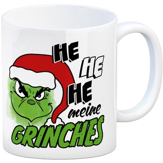 Weihnachtsmuffel Kaffeebecher mit Spruch He he he meine Grinches eine bunte Tasse für die Arbeit grünes grinsendes Gesicht Weihnachtsmann Motiv Weihnachten Kaffeetasse Becher