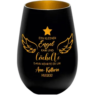Sternenkind Trauerlicht - EIN Kleiner Engel kam und lächelte - schwarz/Gold - Gedenklicht Teelichtglas personalisierbar Erinnerung Trauergeschenk mit Name und Datum