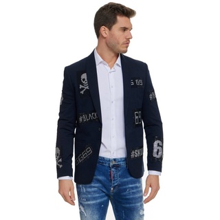 Denim Distriqt Jerseysakko Herren Sakko mit Strass veredelt Totenkopf Sakko blau