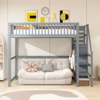 Kinderbett Hochbett 90x200 mit Treppe, Kinderbett aus Holz mit Aufbewahrungsregal, einfacher Kleiderschrank Grau