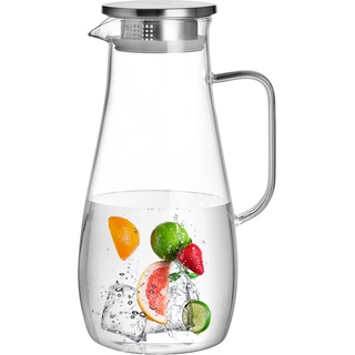 CnGlass 68oz/2000ml Glaskaraffe Wasserkaraffe Krug mit Edelstahldeckel, Borosilikatglas Glaskrug für Saft, Teegetränk