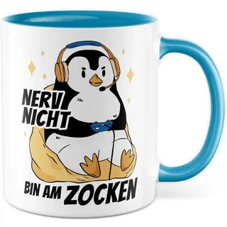 Tasse Zocken Geschenk, Nerv nicht - Bin am zocken Geschenkidee Gamer Kaffeetasse mit Spruch lustig Kaffee-Becher Gaming Kinder Tasse Computerspiele Zocker Teetasse Pinguin-Motiv (Weiß/Blau)