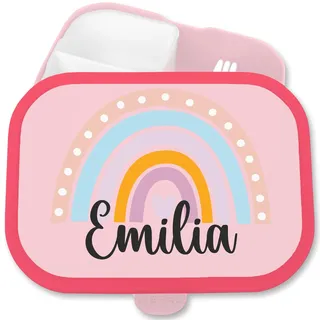 Shirtracer Mepal Brotdose Kinder personalisiert Regenbogen Herzchen | Rosa, 750 ml, mit Fächern, Schule, Campus, spülmaschinenfest, Vesperbox, Kindergarten, Einschulung, Snackbox, Bunt, Wolken