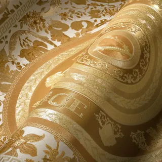 A.S. Création VERSACE WALLPAPER Blumen Luxus Tapete Floral 387054 Gold Weiß Designer Ranken Kreise 10,05x0,70m Made in Germany