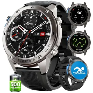 AIEK Smartwatch Herren mit GPS, Bluetooth-Anrufe/Kompass, 5ATM Wasserdicht, 1.43" AMOLED, Sportuhr mit Puls-Schlaf-Schritte, 500mAh/170+ Sportmodi Fitnessuhr für iOS Android(Schwarz)