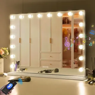 FENCHILIN Bluetooth Großer Spiegel Mit Beleuchtung, 18 Dimmer Led Leuchten,schminkspiegel Mit Licht, Hollywood Spiegel Kosmetikspiegel Mit 10 Facher Vergrößerungsspiegel, Tischspiegel Mit Usb 80cm X 6