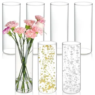 KAMJUNTAR Blumenvasen Glas Vase 7 Stück 25,4 cm Glasvasen Vasen Set Zylindervasen Rund Zylinder Vasen Glas Transparent Glasvase für Tischdeko, Wohnzimmer Deko, Hochzeit