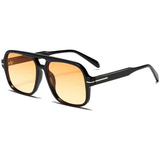 CIKJUK Retro Sonnenbrille Herren Damen Pilotenbrille 70er Jahre Orange Gläser Brille Eckig Vintage Sonnenbrille für UV400 Schutz-Schwarz/Orange Gelb - L