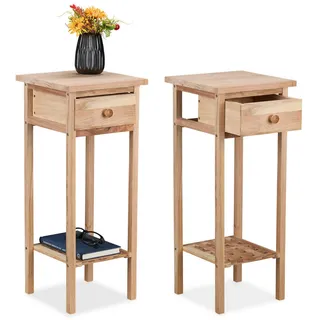 Relaxdays Telefontisch, 2er Set, Holz, HxBxT: 60 x 25 x 25 cm, Beistelltisch mit Schublade, für Flur & Wohnzimmer, Natur