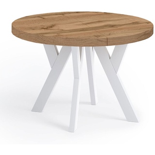 Runder Ausziehbarer Tisch für Esszimmer, PERO, Loft-Stil, Skandinavische, Durchmesser: 100 / 150 cm, Farbe: Eiche Wotan / Weiß
