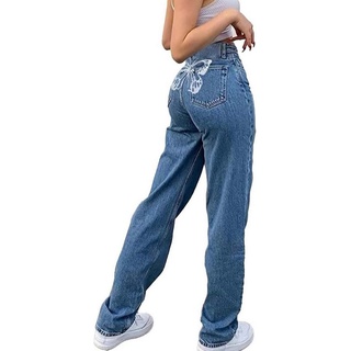 FIDDY Relaxhose High Waist Jeans Damen,Butterfly Muster Straight Bein Blaue Hosen