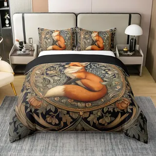 Homewish Rustikal Baumwolle Bettwäscheset 155x220cm Fuchs bettbezug für Kinder Teens Männer Frauen Wald Bauernhaus Tiere Muster Bettwäsche Ring Schwarz Grün Braun bettset Moderne Schlafzimmer dekor