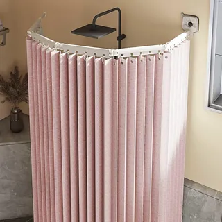 Duschvorhang Ohne Bohren,duschvorhangstange L/u Form Und Starker Saugnapf, Faltbarer Duschvorhänge Anti Schimmel Wasserdicht/waschbar Für Eckdusche, Shower Curtains,Pink-3-Folds