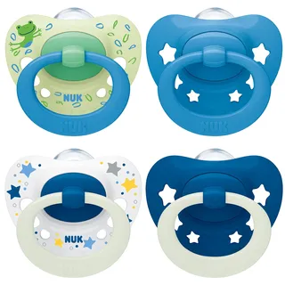 NUK Signature Day & Night Babyschnuller | 6-18 Monate | Beruhigt 95 % der Babys | Silikonschnuller in Herzform | Leuchtet im Dunkeln | Sterne | 4 Stück