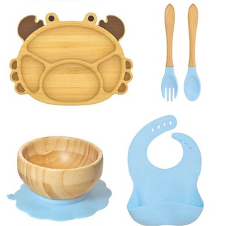Kindergeschirr-Set Krabbe Baby-Geschirrset 5 teilige aus Bambus Blau blau
