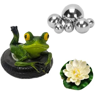 Super Idee Klein Garten Teiche Deko Set Frosch auf Reifen Schwimmtier mit 6 Schwimmkugeln und 2 STK Schwimmend Lotusblüte als Gartendekoration für Miniteich (Liegend Frosch)