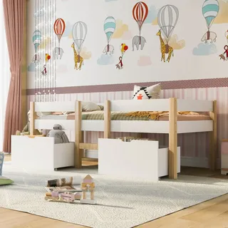 Flieks Kinderbett Massives Kiefernholzbett Hochbett mit Lattenrost, 2 Schubladen und Rausfallschutz 90*190cm, Naturbelassen - Weiß