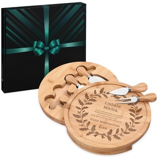 Maverton Käsebrett Servierplatte mit Gravur + 4er Käsemesser Set - aus Holz - Durchmesser: 25cm - Geschenke zu Weihnachten für Damen Herren - Projekt