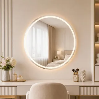 Koonmi runder LED Badspiegel 70 cm, dimmbar | Wandspiegel mit 3 Lichtfarben, Antibeschlagfunktion und bruchsicherem Glas für Badezimmer und Waschtisch